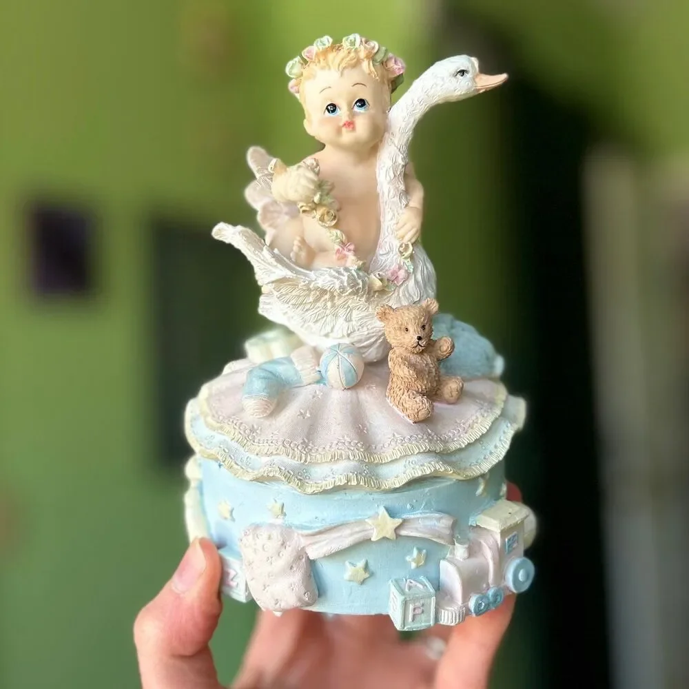 VTG 3D Baby + Swan Whimsical Dainty Figurine Textured Accent
